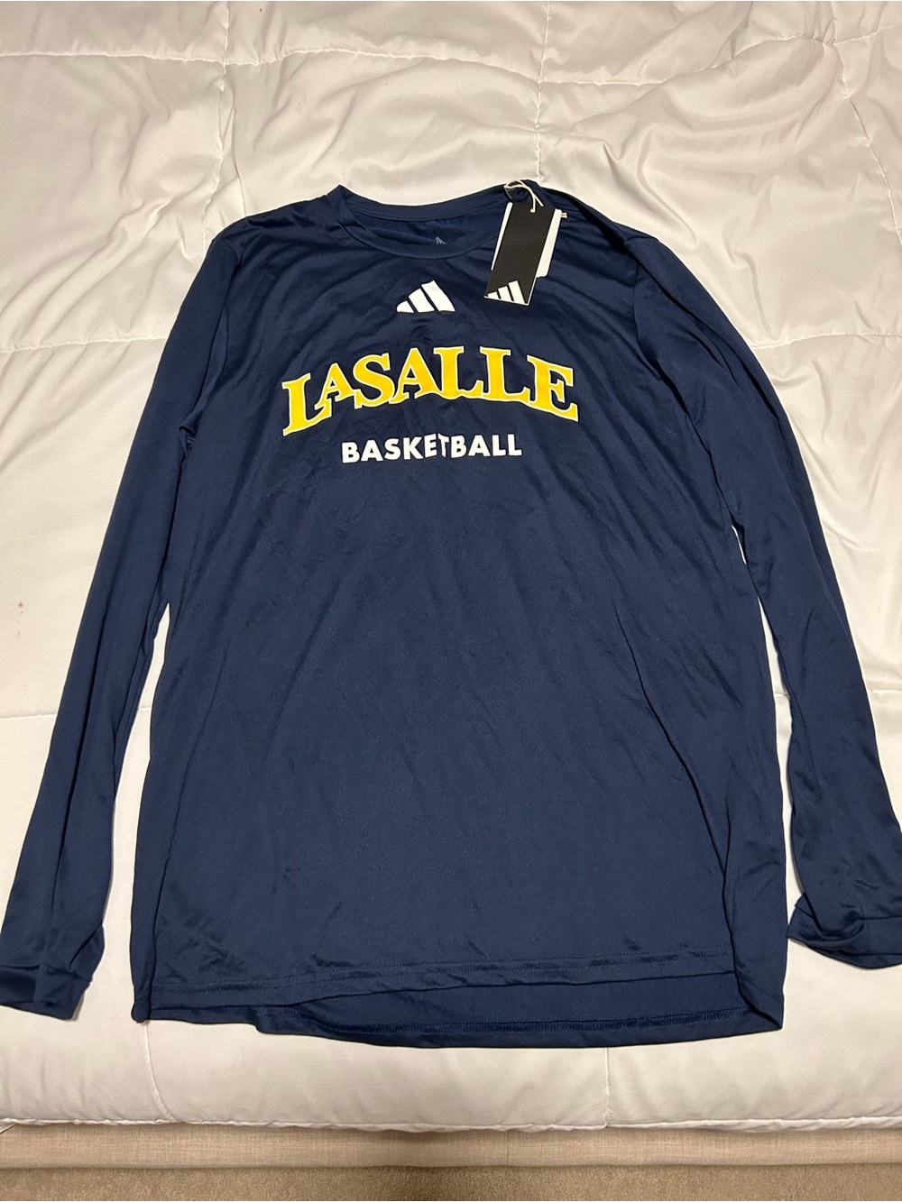 adidas Navy Long-Sleeve LaSalle Basketball Tee with Yellow Graphics
